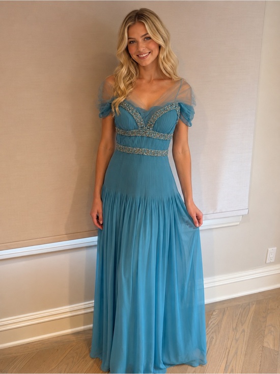 No label Dresses & Skirts - Ice Blue or aqua blue  Beaded Chiffon Evening  flowy Gown formal wear .